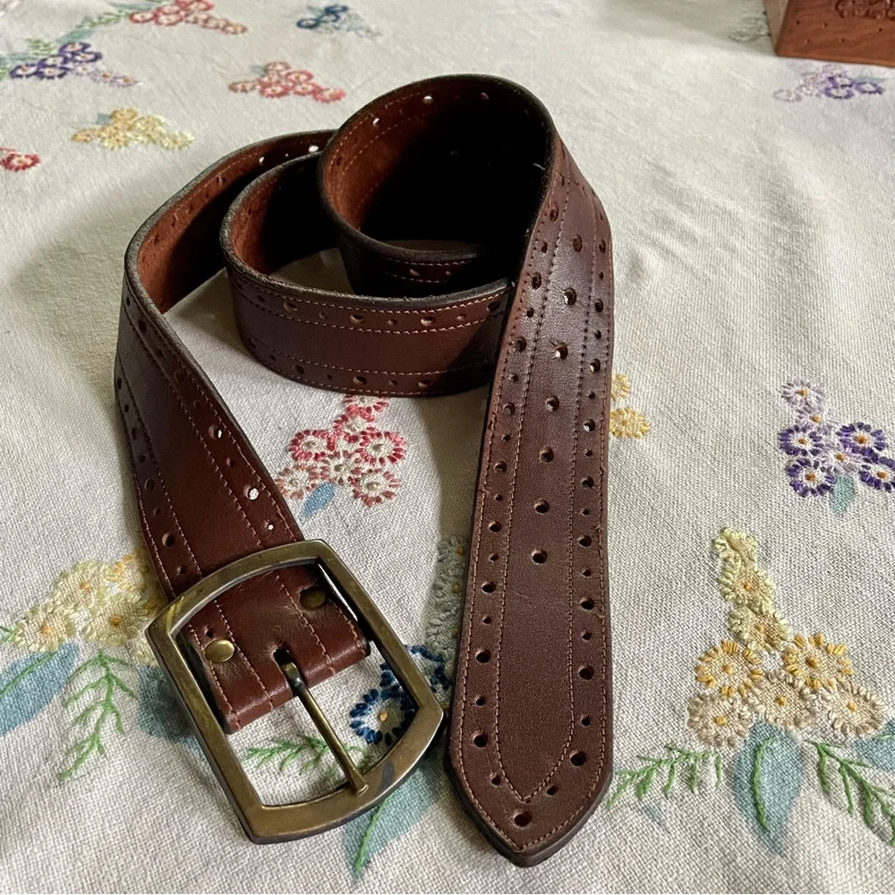 Vintage Leather Perforated Belt with Burnished Brass Buckle. Brown. Large 42-44
